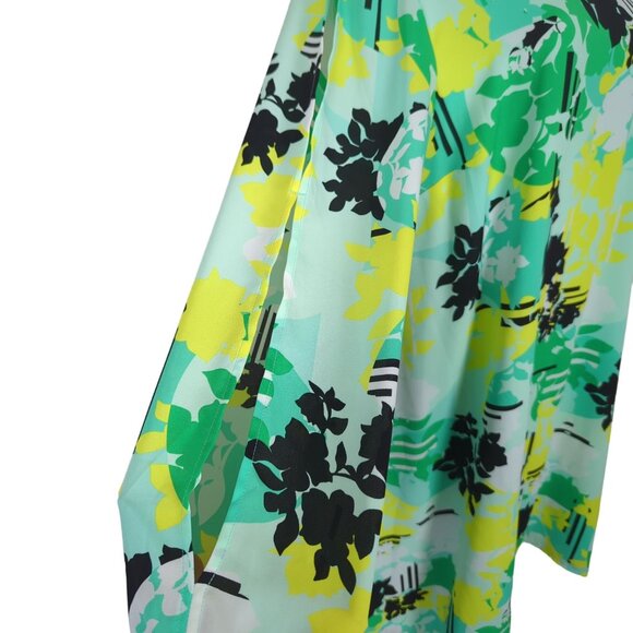 KAARI Blue V-Neck Long keyhole Sleeve yellow green abstract print Dress Size L - Picture 9 of 16